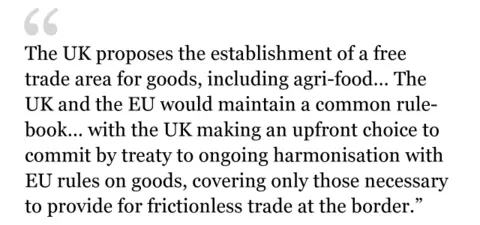 Text from white paper: The UK proposes the establishment of a free trade area for goods, including agri-food… The UK and the EU would maintain a common rulebook…with the UK making an upfront choice to commit by treaty to ongoing harmonisation with EU rules on goods, covering only those necessary to provide for frictionless trade at the border.