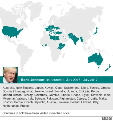 Map: Countries visited by Foreign Secretary Boris Johnson since July 2016.