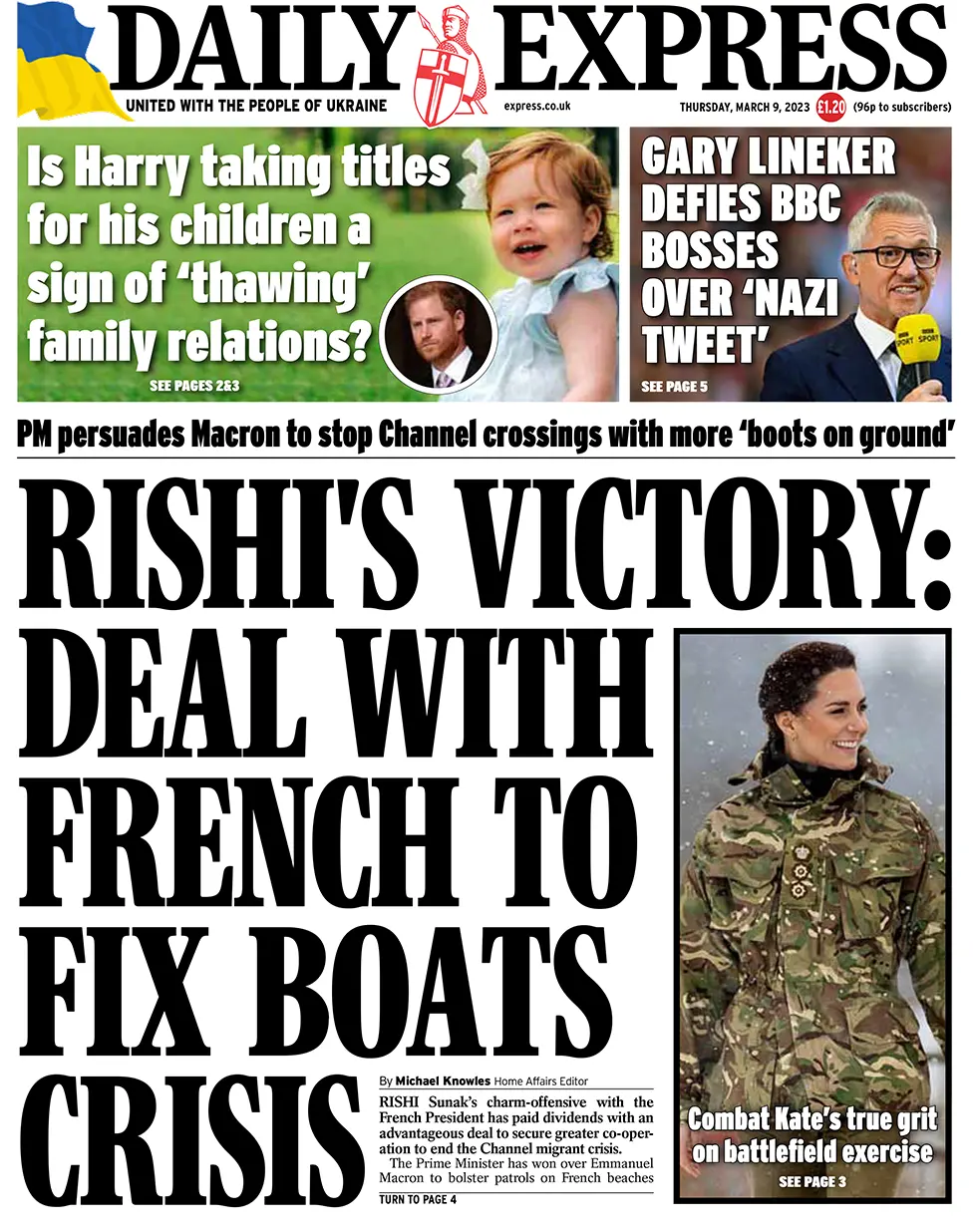 The headline in the Express reads: "Rishi's victory: Deal with French to fix boats crisis"