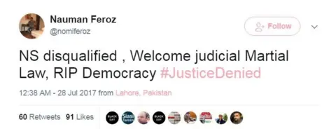 @nomiferoz Nauman Feroz says: "NS [Nawaz Sharif] disqualified, Welcome judicial Martial Law, RIP Democracy"