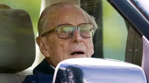 Getty Images Prince Philip seen driving a Land Rover in Windsor in May 2018