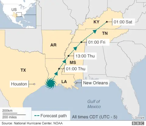 Map: Forecast track of tropical storm Harvey