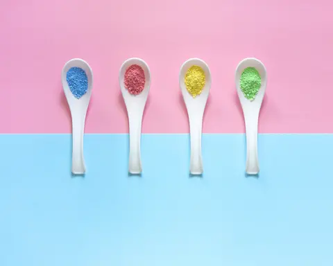 Billie-Maree Ward Crushed pastels lined up in plastic spoons