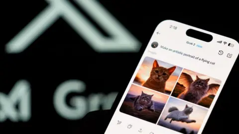 Getty Images A smartphone displays four AI-generated images, underneath a prompt which reads: "Make an artistic portrait of a flying cat". The logo for xAI is shown in the background.