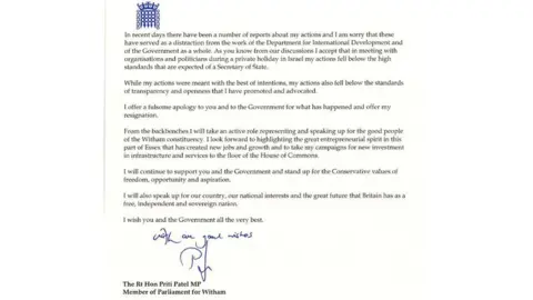 Priti Patel's resignation letter