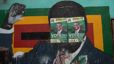 AFP A mural of Robert Mugabe at a Zanu-PF office in Harare, Zimbabwe, with the face covered in two Zanu-PF election posters