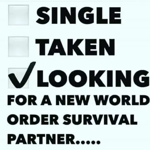 Facebook Meme from an Awoke dating group on Facebook, with a tick box indicating a tick against a box marked "Looking for a New World Order survival partner."