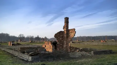 Getty Images The remains of one of the prisoner huts at the Auschwitz II-Birkenau extermination camp on December 19, 2019 in Oswiecim, Poland