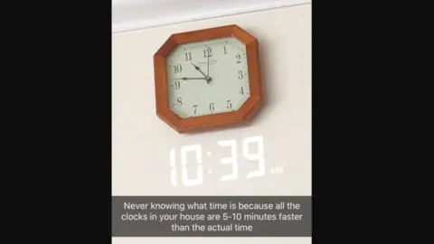 SUBTLE ASIAN TRAITS A phone screen shows a wall clock at 10.47am while the digital clock shows 10.39am. A caption reads: "Never knowing what time is because all the clocks in your house are 5-10 minutes faster than the actual time."