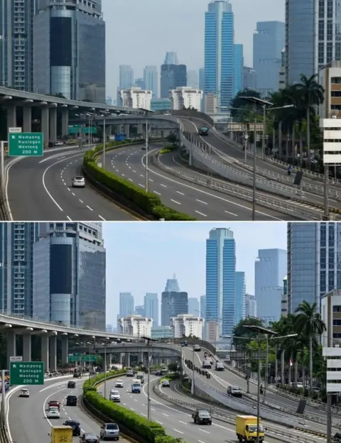 Getty Images Vehicles commuting in a loose traffic in Indonesia's capital Jakarta on 10 April, 2020 (top) and traffic on the same road on 14 May