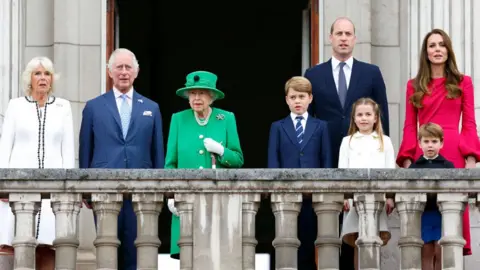 Getty Images Camilla, Duchess of Cornwall, Prince Charles, Prince of Wales, Queen Elizabeth II, Prince George of Cambridge, Prince William, Duke of Cambridge, Princess Charlotte of Cambridge, Duchess of Cambridge and Prince Louis of Cambridge on the balcony during the Platinum Jubilee Pageant on June 05, 2022 in London, England