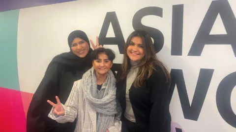 BBC L-R: Tat'heer Fatemah, Lil Maz and Salwa Aziz at BBC Asian Network studios