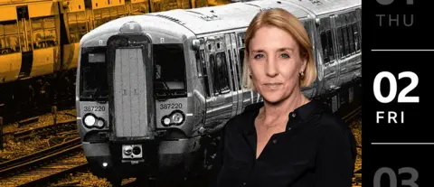 BBC Zoe Conway in foreground, train graphic in background