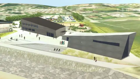 Carmarthenshire County Council Artist impression of new hostel and museum of speed at Pendine Sands, Carmarthenshire