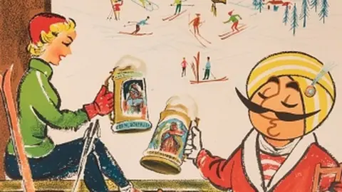 Potter and Potter Auctions/Gado Geneva" poster depicting the company mascot â€“ the Maharaja â€“ relaxing at a ski resort and toasting a large beer with his ski partner while balancing on a broken leg and crutches, designed for Air India, 1965.