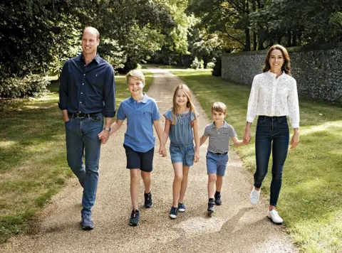 Matt Porteous Prince William and Catherine, with Prince George, Princess Charlotte and Prince Louis, in the family Christmas Card image showing them in Norfolk