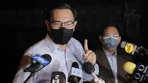 EPA Former Peruvian President Martin Vizcarra (2018-2020) offers statements to the press outside his home, in Lima, Peru, 16 April 2021