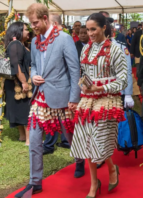 Getty Images Prince Harry and Meghan at an exhibition of Tongan handicrafts