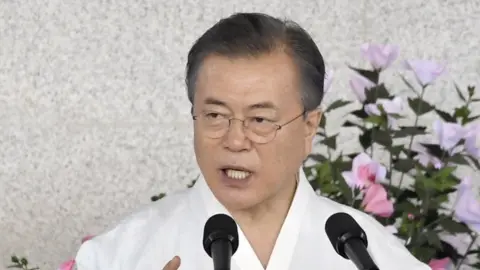 EPA South Korea President Moon Jae-in vowed to unite the Korean peninsula by 2045