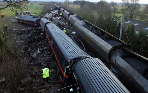 ODD ANDERSEN/AFP via Getty Images Overhead view of train wreckage