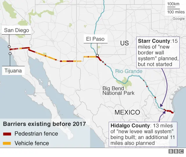 Map showing current barriers on the US-Mexico border