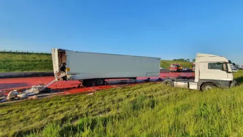 Highways England The tomato puree spillage in Cambridgeshire that happened on Tuesday