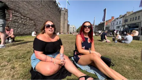 two women sitting in grass