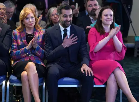 Andrew Milligan/PA Media (Left to right) Ash Regan, Humza Yousaf and Kate Forbes at Murrayfield Stadium in Edinburgh