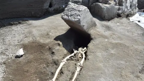 Pompeii Parco Archeologico The skeleton of a victim of the eruption that destroyed Pompeii, shown with a huge boulder where his head should be