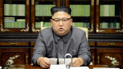 Reuters/KCNA North Korea's leader Kim Jong Un makes a statement regarding U.S. President Donald Trump's speech at the U.N. general assembly, in this undated photo released by North Korea's Korean Central News Agency (KINA) in Pyongyang 22 September 2017.