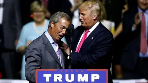 Getty Images Nigel Farage and Donald Trump at 2016 campaign rally at the Mississippi Coliseum