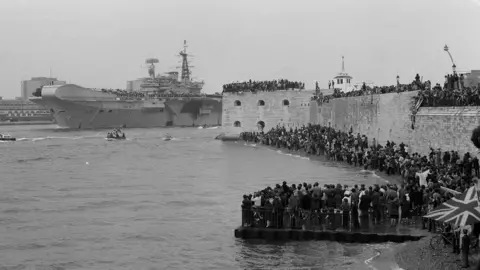 Mirrorpix/Getty Images The task force aircraft carriers sailed from Portsmouth in April 1982