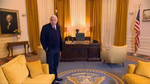 John Simpson on the Oval Office replica set at October Film Studios in Norfolk.