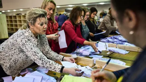 Getty Images Votes getting counted at the Irish election 2020