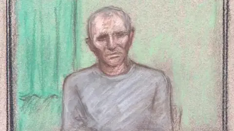 Julia Quenzler. Court sketch of Barry Bennell appearing via videolink