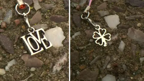 BBC Two charms - a shamrock and one which says 'love'