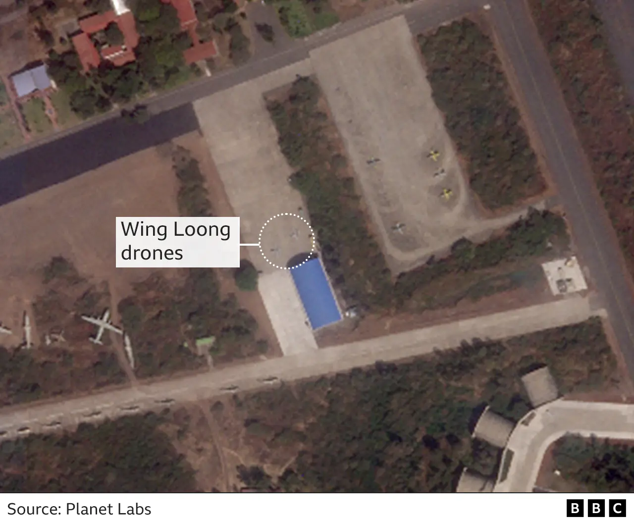 PLANET LABS Satellite image showing an Wing Loong drone at Harar Meda airport