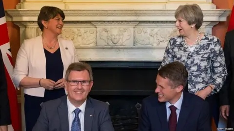 Getty Images Theresa May and Arlene Foster witness the signing of the Conservative-DUP pact