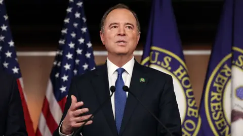 Getty Images Adam Schiff speaks at a press conference in January 2023