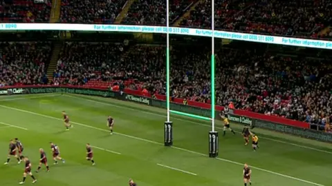 Premier Sports The posts light up green when the kickers successfully convert