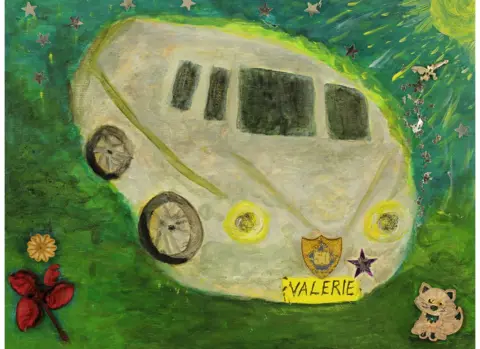 Sarah Graham Art of a van with a special Blue Peter badge mounted to the front