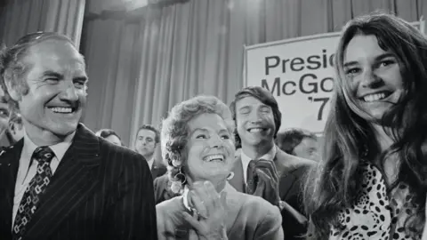 Getty Images Presidential candidate Senator George McGovern (left), his wife, Eleanor (center), and Kathleen Kennedy (right) pictured in April 1972