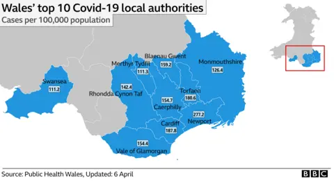 Map of cases in south Wales