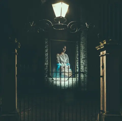 Wayne R Crichlow An image of a portrait of a woman looking thoughtful on a wall behind a gate