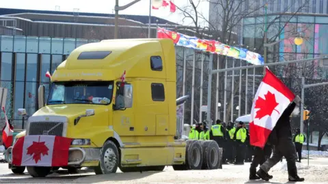 Getty Images A truck carrying a Canadian flag participates in the protest in downtown Ottawa