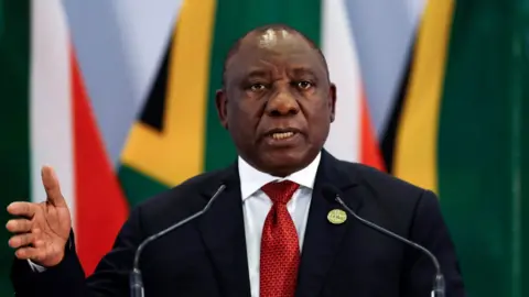 AFP/Getty South African President Cyril Ramaphosa speaking in Johannesburg, July 2018