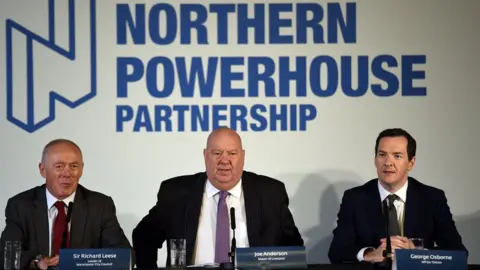 Getty Images Leader of Manchester City Council Sir Richard Leese, Mayor of Liverpool Joe Anderson and former British finance minister George Osborne