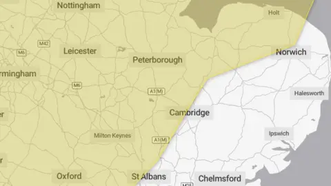 Met Office The yellow weather warning covers many counties in the East of England