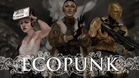Olya Bossak (Reycat) The cover of the ECOPUNK game book. Three figures stand in front of a gloomy background. From right to left: A white woman in a white vest top wearing a tech covered helmet and a bionic arm, a black woman in a black turtle neck and green jacket with white fur lining adjusts her black fingerless gloves, she has a gun hanging from one shoulder, A golden cyborg man brandishes an assault rifle.
