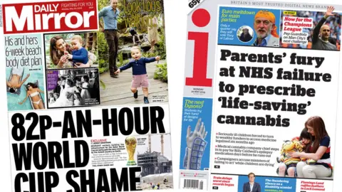 A composite of Monday's Daily Mirror and i front pages